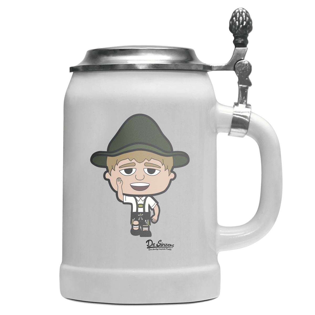 Da Jung Sinzer Trachtenverein Bierkrug 500ml Weiss mit Deckel Wetterspitzen Front