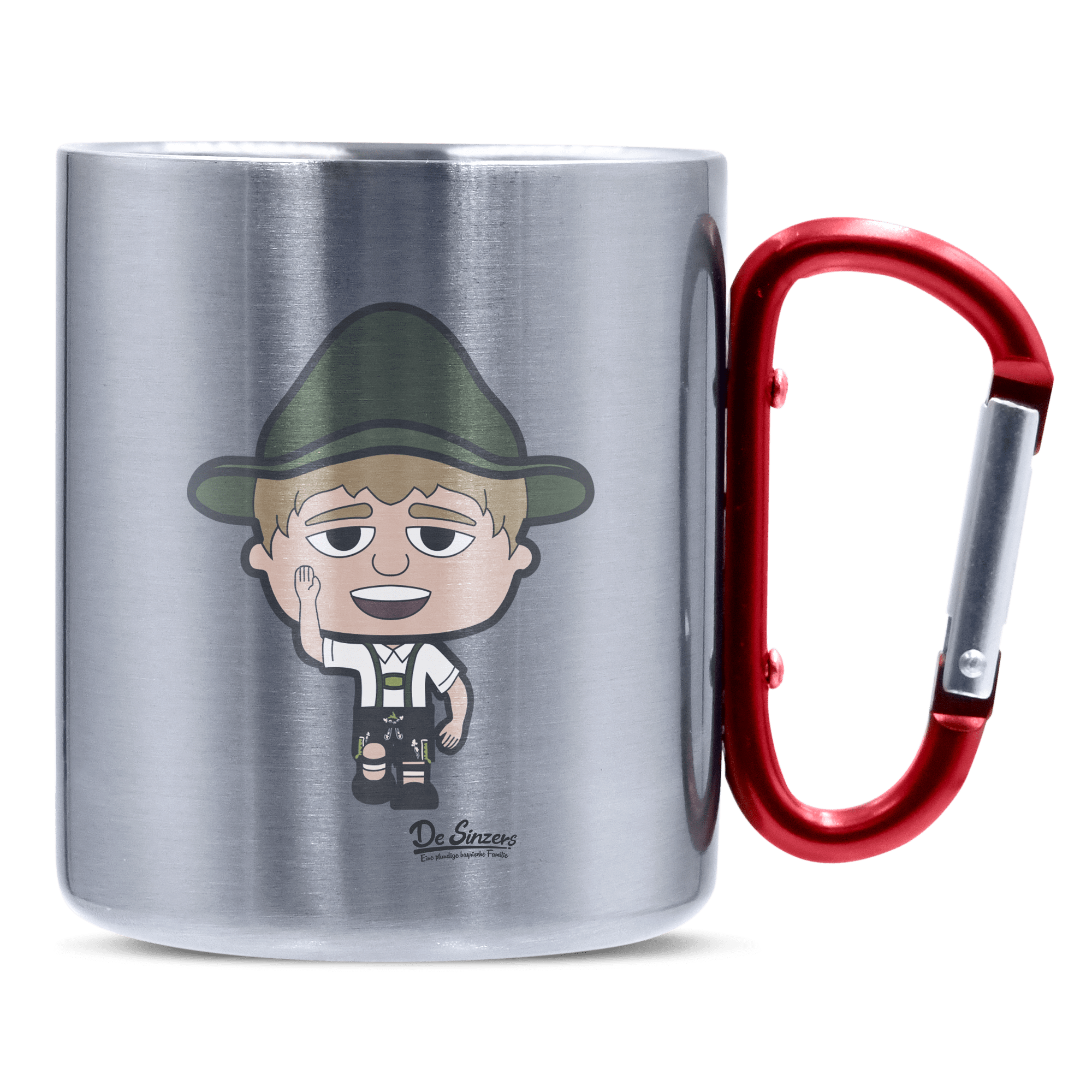 Da Jung Sinzer Trachtenverein Edelstahl Kaffeetasse roter Karabiner 320ml Kitzstein Front