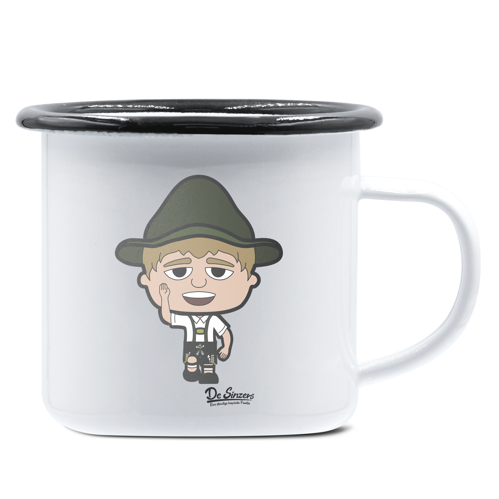 Da Jung Sinzer Trachtenverein Emaille Tasse 375ml Weiss Schwarz Hochries Front