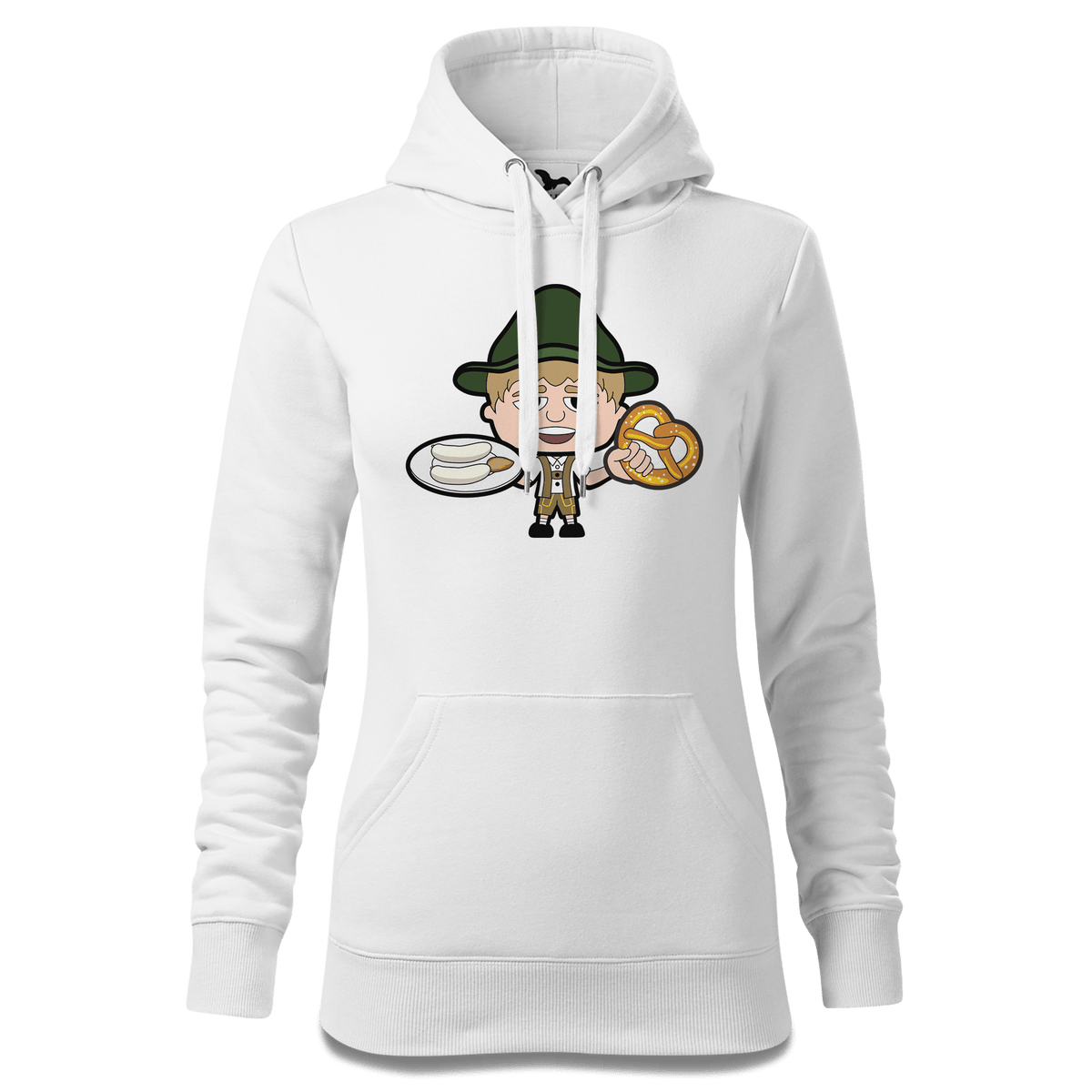 Da Jung Sinzer Weißwurscht und Brezn Sweatshirt Hoody Damen Weiss Eckenholz Front