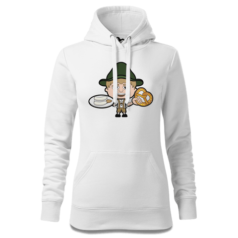 Da Jung Sinzer Weißwurscht und Brezn Sweatshirt Hoody Damen Weiss Eckenholz Front