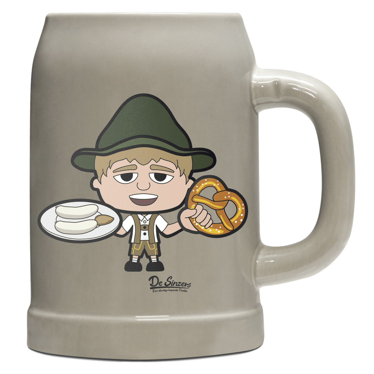 Da Jung Sinzer Weißwurscht und Brezn Bierkrug 500ml Grau Watzmann Front
