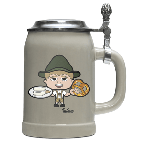 Da Jung Sinzer Weisswurscht und Brezn Bierkrug 500ml Grau mit Deckel Hocheck Front