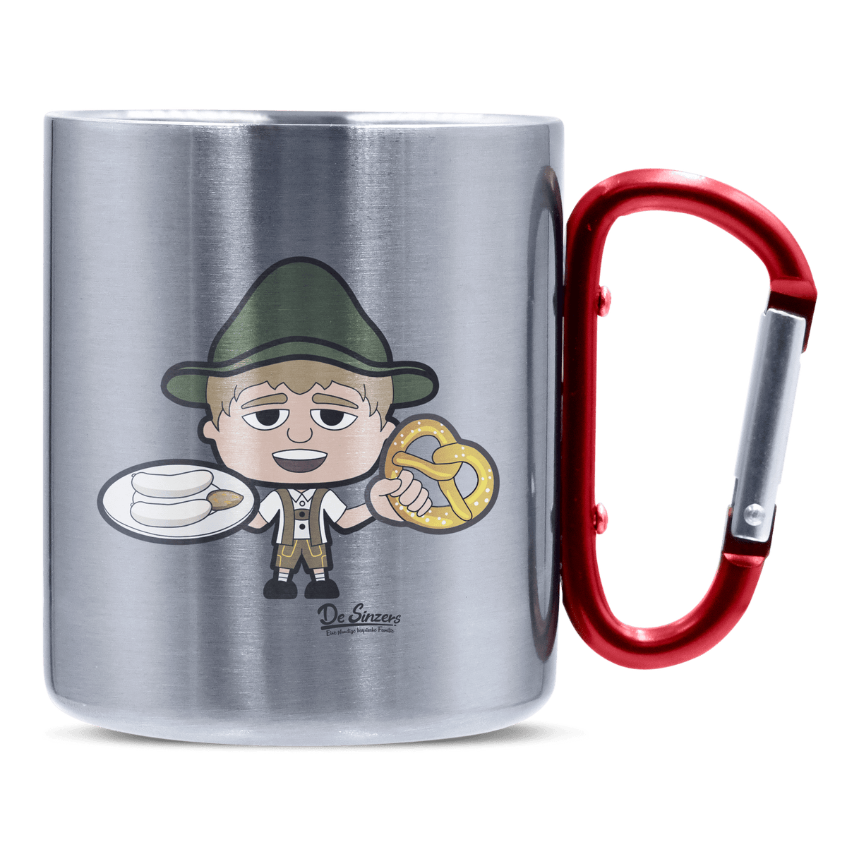 Da Jung Sinzer Weißwurscht und Brezn Edelstahl Kaffeetasse roter Karabiner 320ml Kitzstein Front