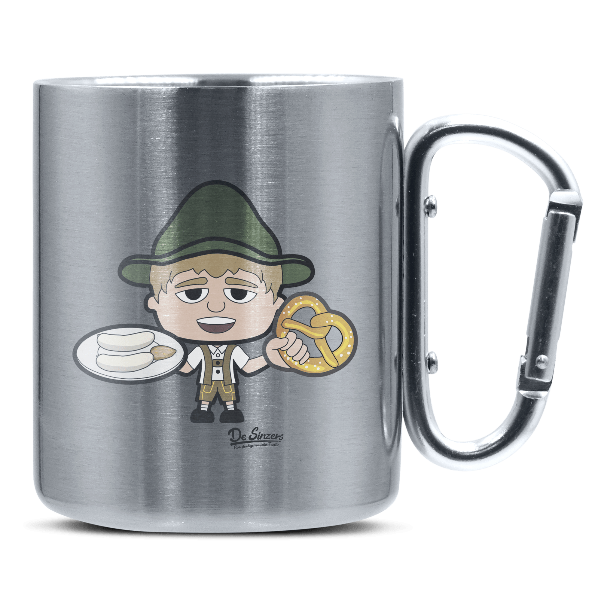 Da Jung Sinzer Weißwurscht und Brezn Edelstahl Kaffeetasse silberer Karabiner 320ml Grosser Traithen Front