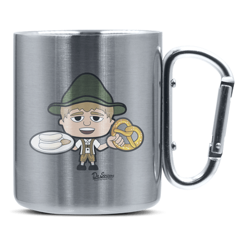 Da Jung Sinzer Weißwurscht und Brezn Edelstahl Kaffeetasse silberer Karabiner 320ml Grosser Traithen Front