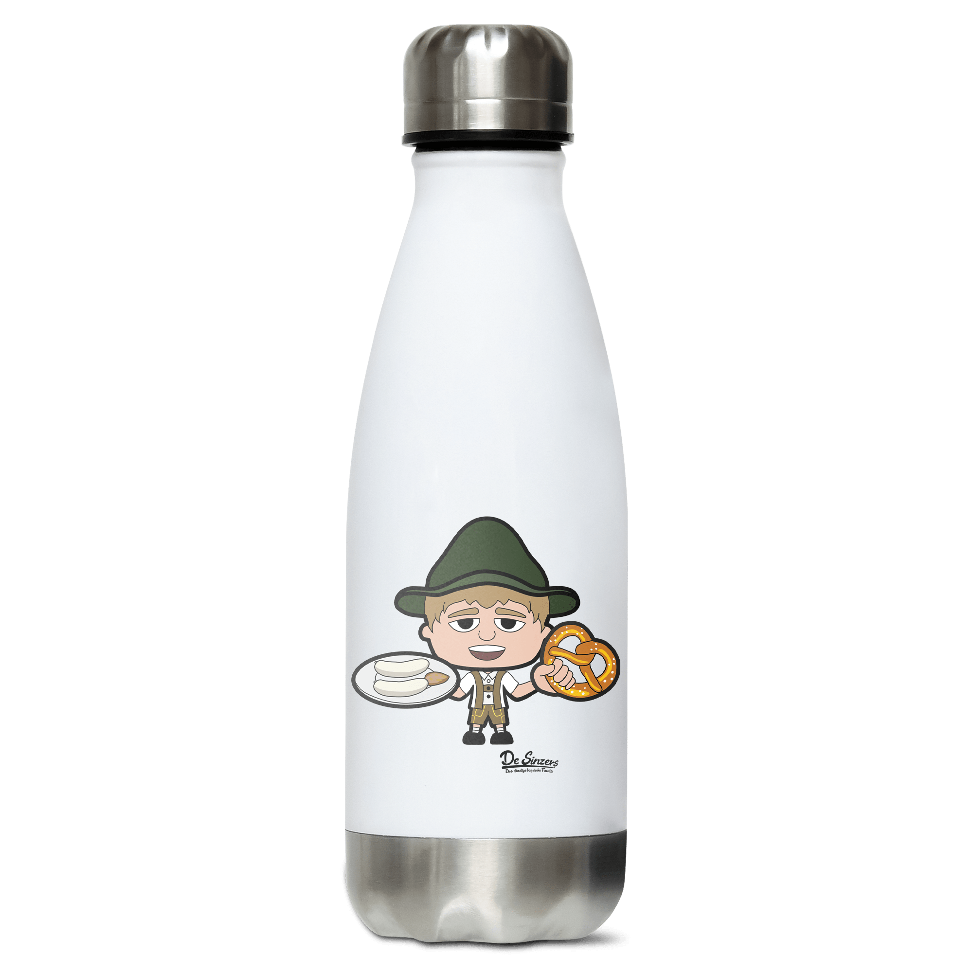 Da Jung Sinzer Weisswurscht und Brezn Edelstahl Thermoflasche 350ml Weiss Silber Kreuzspitze Front