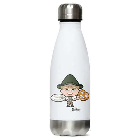 Da Jung Sinzer Weisswurscht und Brezn Edelstahl Thermoflasche 350ml Weiss Silber Kreuzspitze Front