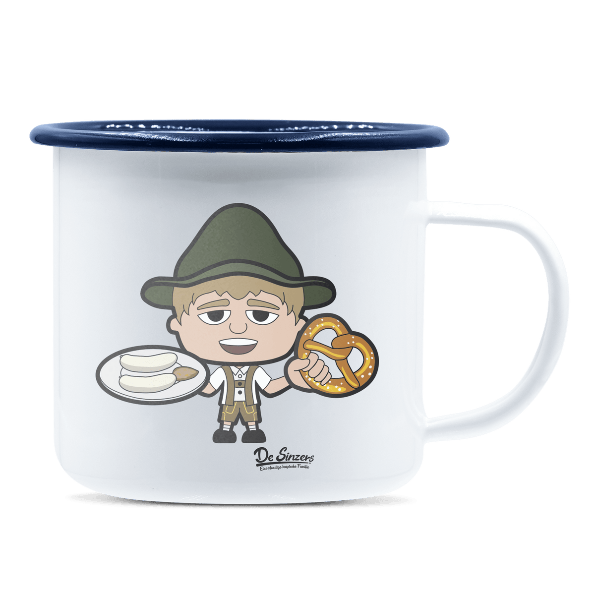 Da Jung Sinzer Weißwurscht und Brezn Emaille Tasse 375ml Weiss Blau Heuberg Front