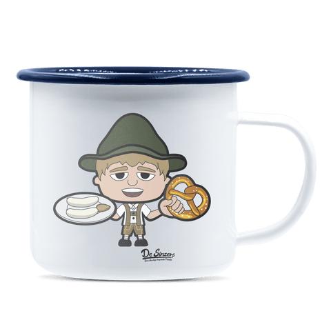 Da Jung Sinzer Weißwurscht und Brezn Emaille Tasse 375ml Weiss Blau Heuberg Front