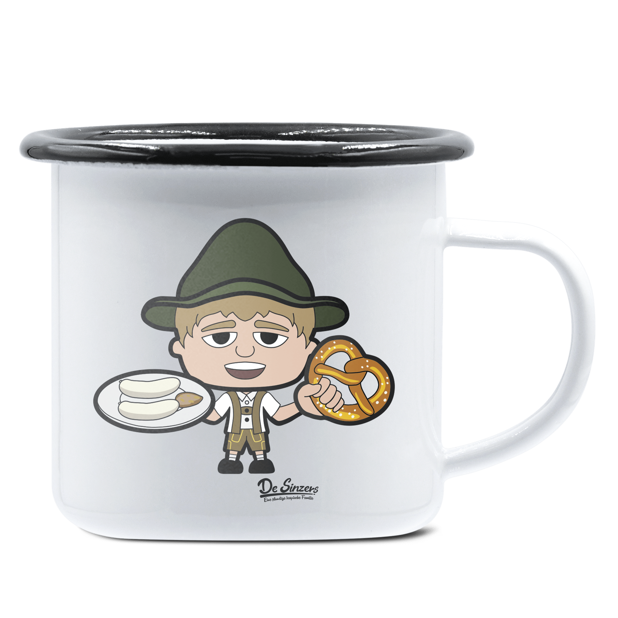 Da Jung Sinzer Weißwurscht und Brezn Emaille Tasse 375ml Weiss Schwarz Hochries Front
