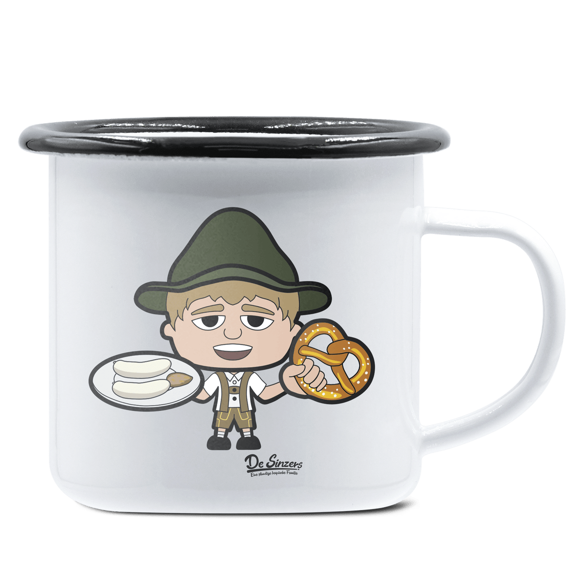 Da Jung Sinzer Weißwurscht und Brezn Emaille Tasse 375ml Weiss Schwarz Hochries Front