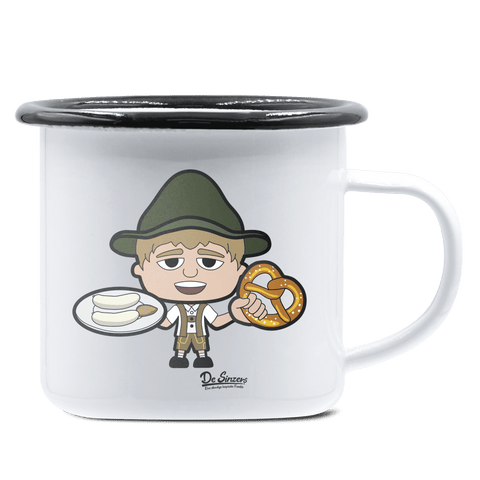 Da Jung Sinzer Weißwurscht und Brezn Emaille Tasse 375ml Weiss Schwarz Hochries Front