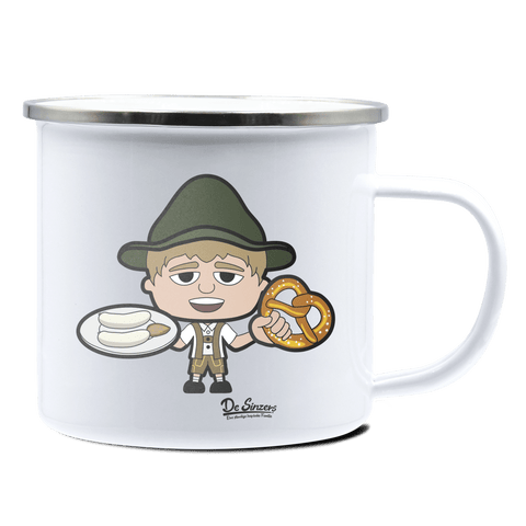 Da Jung Sinzer Weißwurscht und Brezn Emaille Tasse 375ml Weiss Silber Kampenwand Front