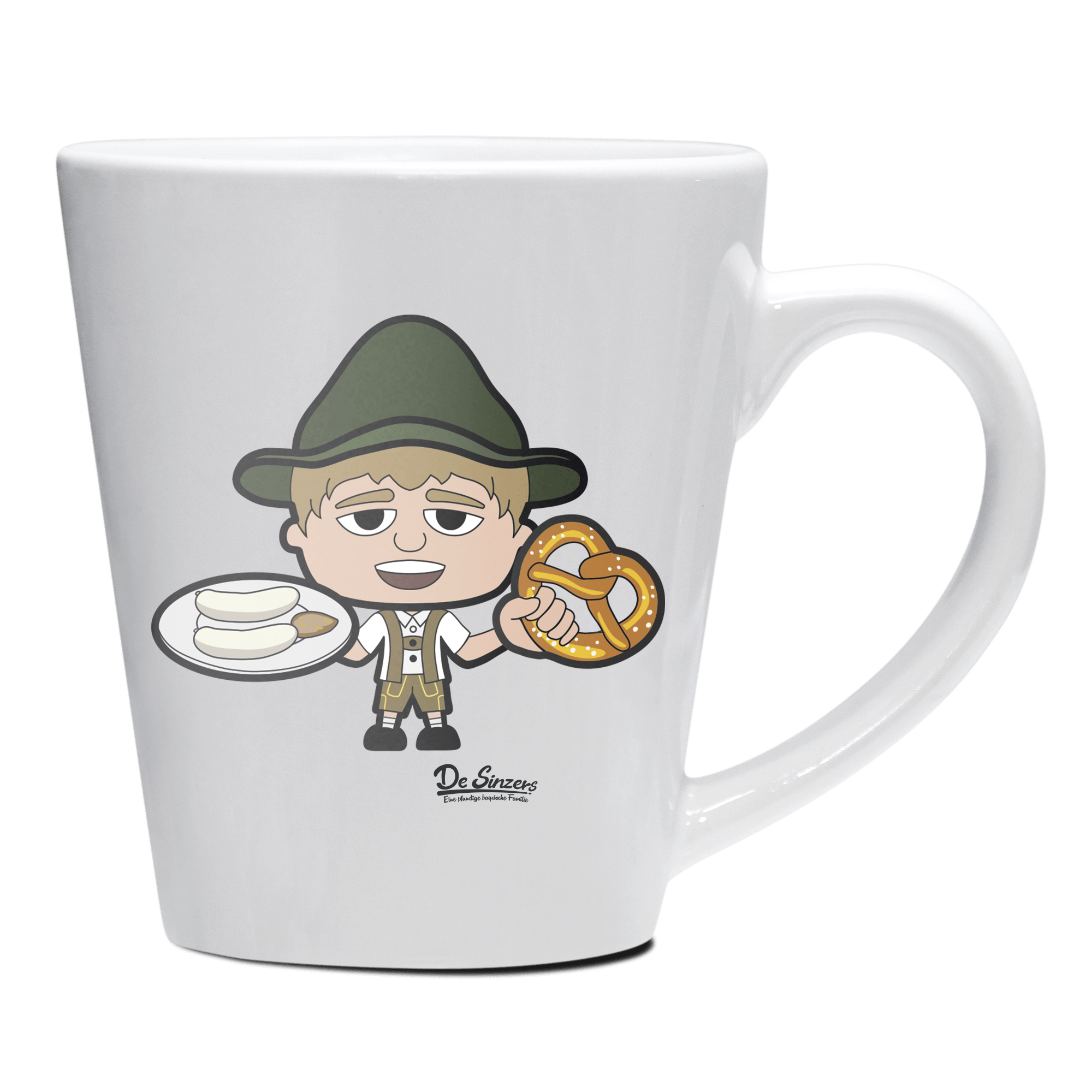 Da Jung Sinzer Weisswurscht und Brezn Keramik Kaffeetasse 200ml Weiss Herzogstand Front