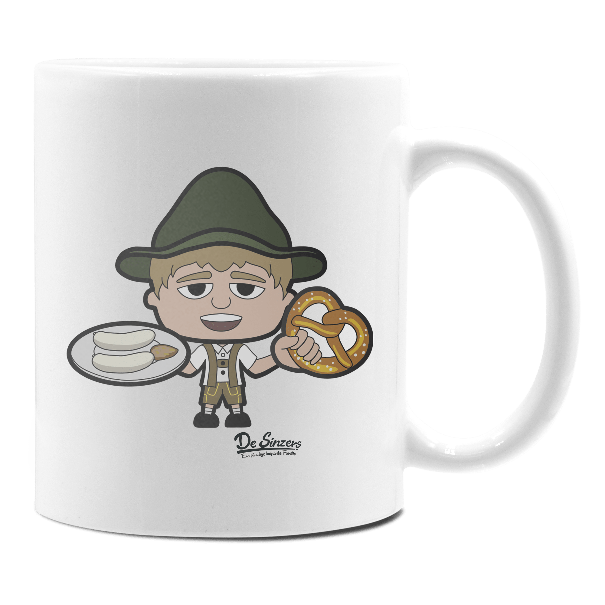 Da Jung Sinzer Weißwurscht und Brezn Keramik Kaffeetasse 330ml Weiss Rampoldplatte Front
