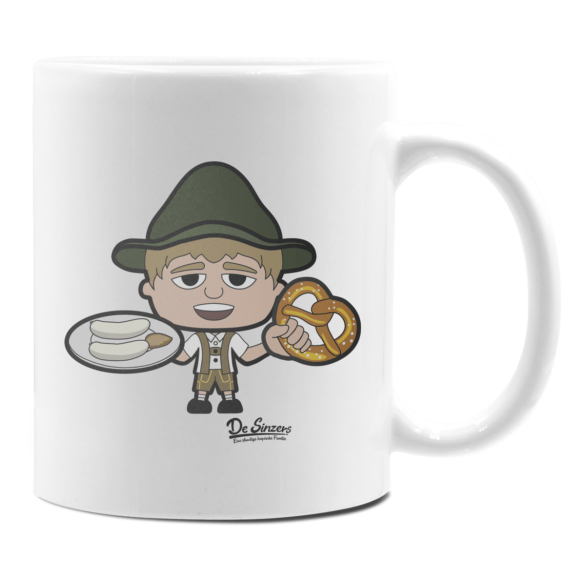 Da Jung Sinzer Weißwurscht und Brezn Keramik Kaffeetasse 330ml Weiss Rampoldplatte Front