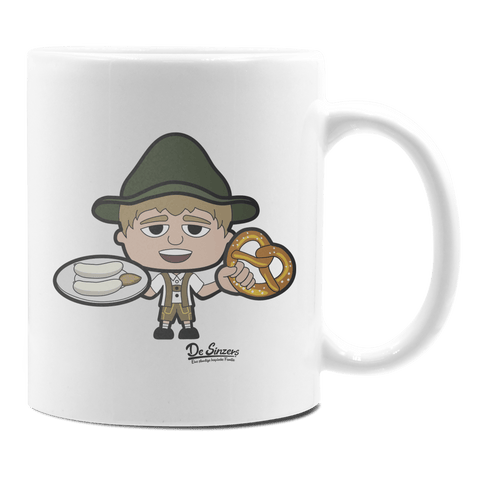 Da Jung Sinzer Weißwurscht und Brezn Keramik Kaffeetasse 330ml Weiss Rampoldplatte Front