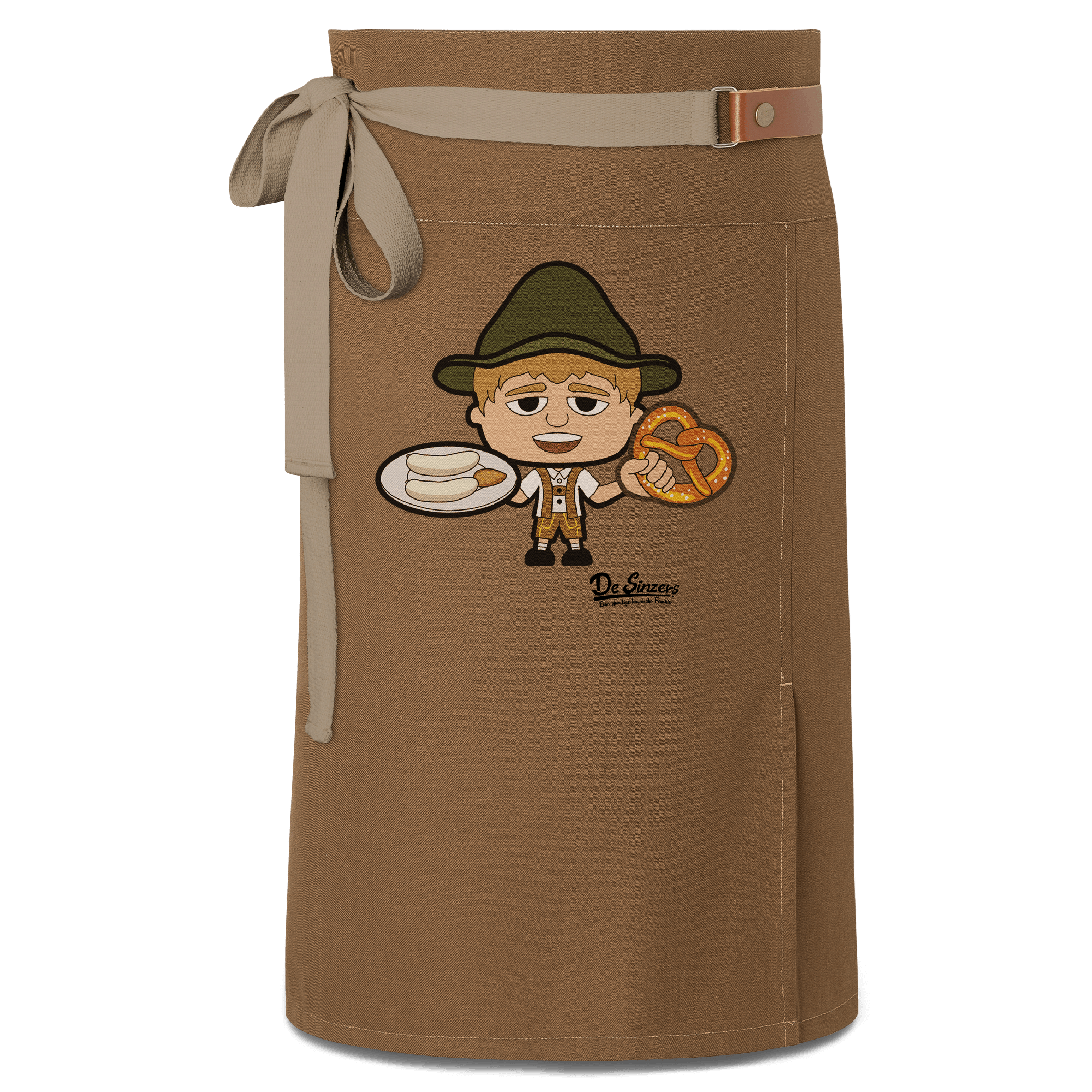Da Jung Sinzer Weisswurscht und Brezn Schuerze Vorbinder Braun Haidham Front
