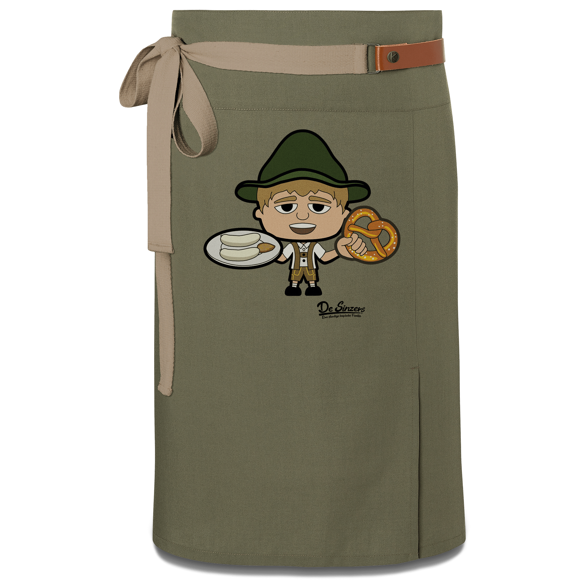 Da Jung Sinzer Weisswurscht und Brezn Schuerze Vorbinder Gruen Langhausen Front