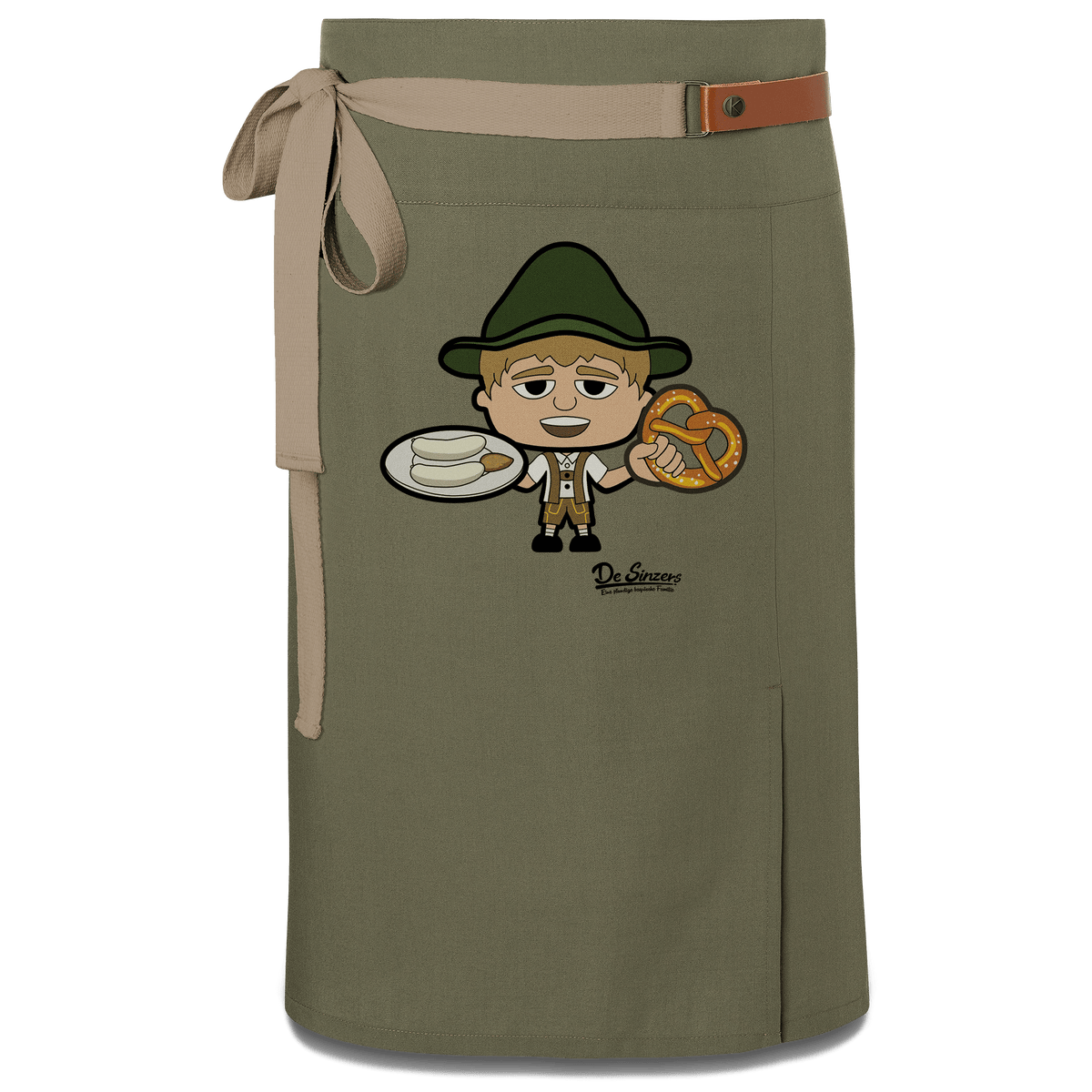 Da Jung Sinzer Weisswurscht und Brezn Schuerze Vorbinder Gruen Langhausen Front