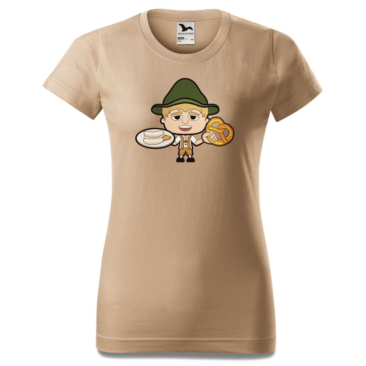 Da Jung Sinzer Weisswurscht und Brezn T Shirt Damen Sand Entleiten Front