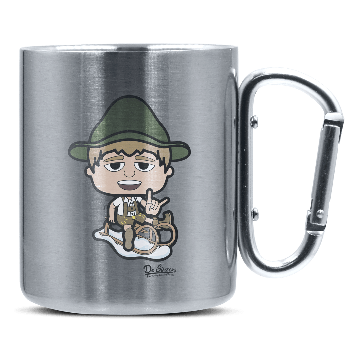 Da Jung Sinzer Winter Edition Edelstahl Kaffeetasse silberer Karabiner 320ml Grosser Traithen Front
