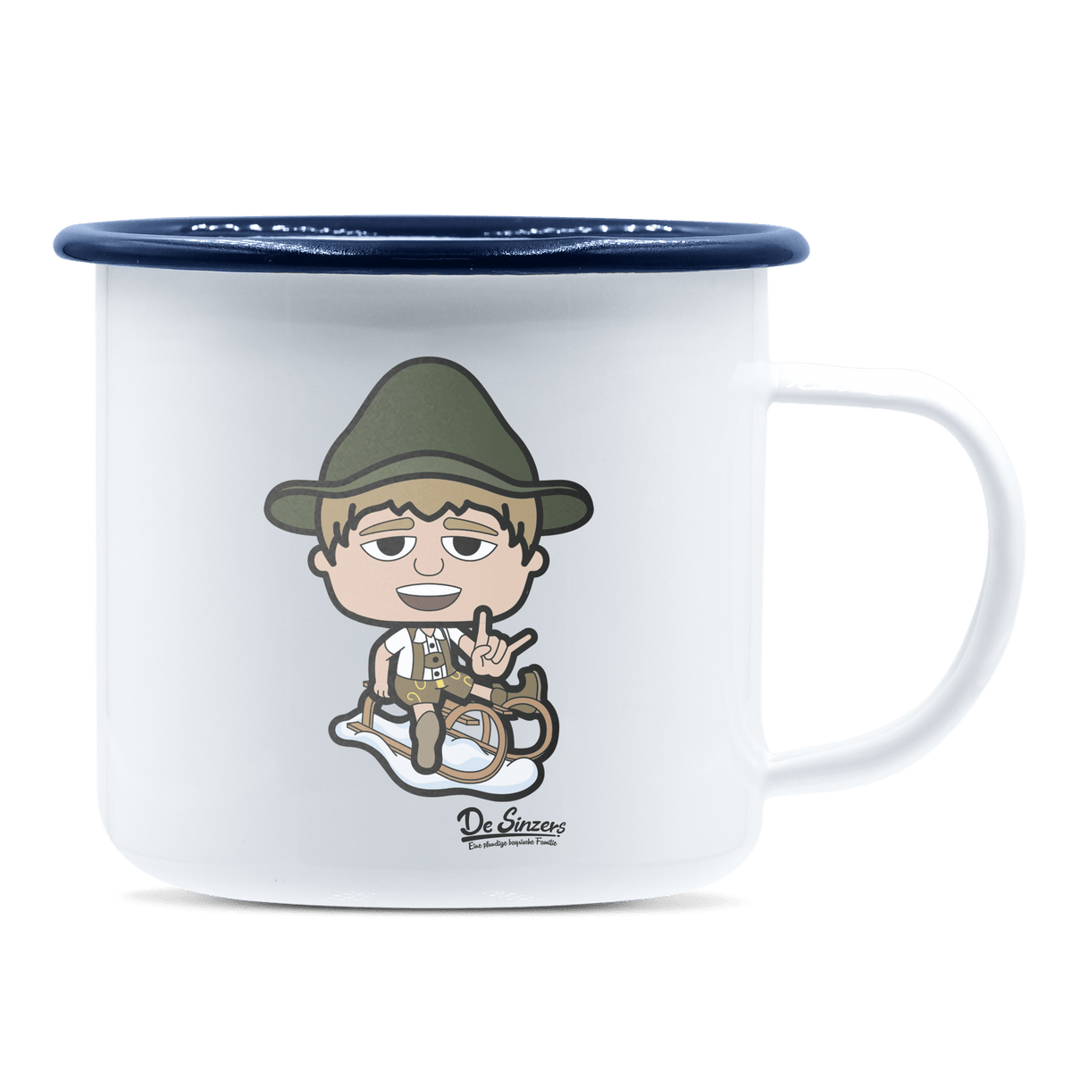 Da Jung Sinzer Winter Edition Emaille Tasse 375ml Weiss Blau Heuberg Front