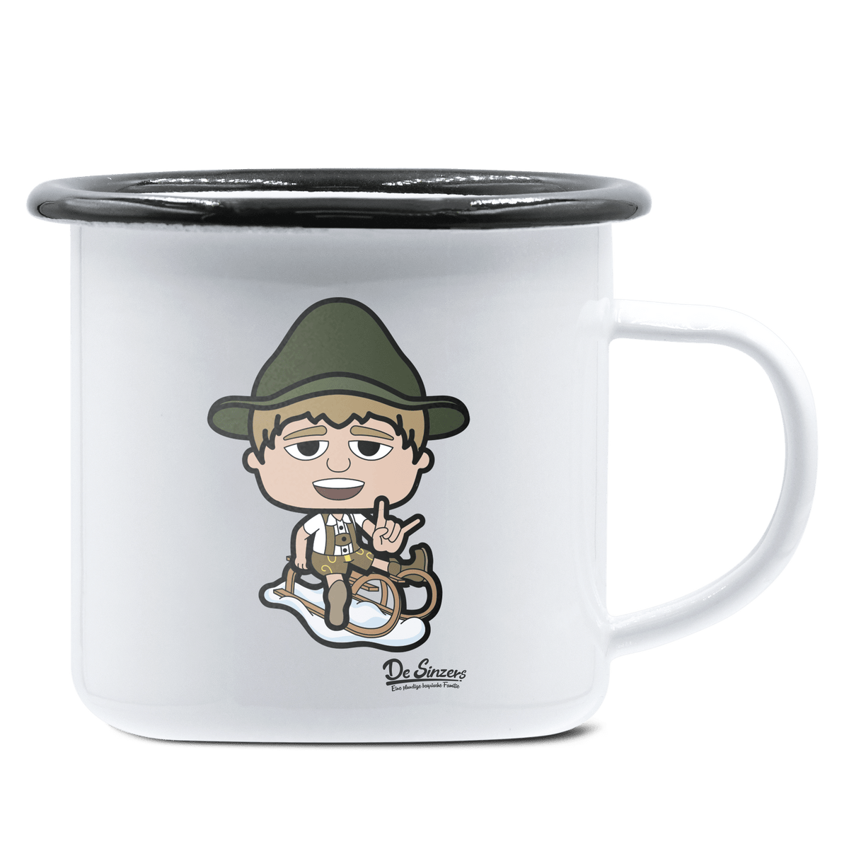 Da Jung Sinzer Winter Edition Emaille Tasse 375ml Weiss Schwarz Hochries Front