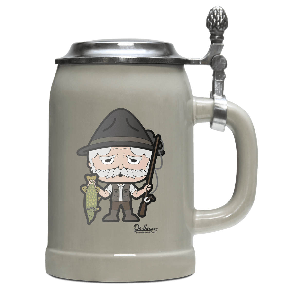 Da Oid Sinzer Angler Bierkrug 500ml Grau mit Deckel Hocheck Front
