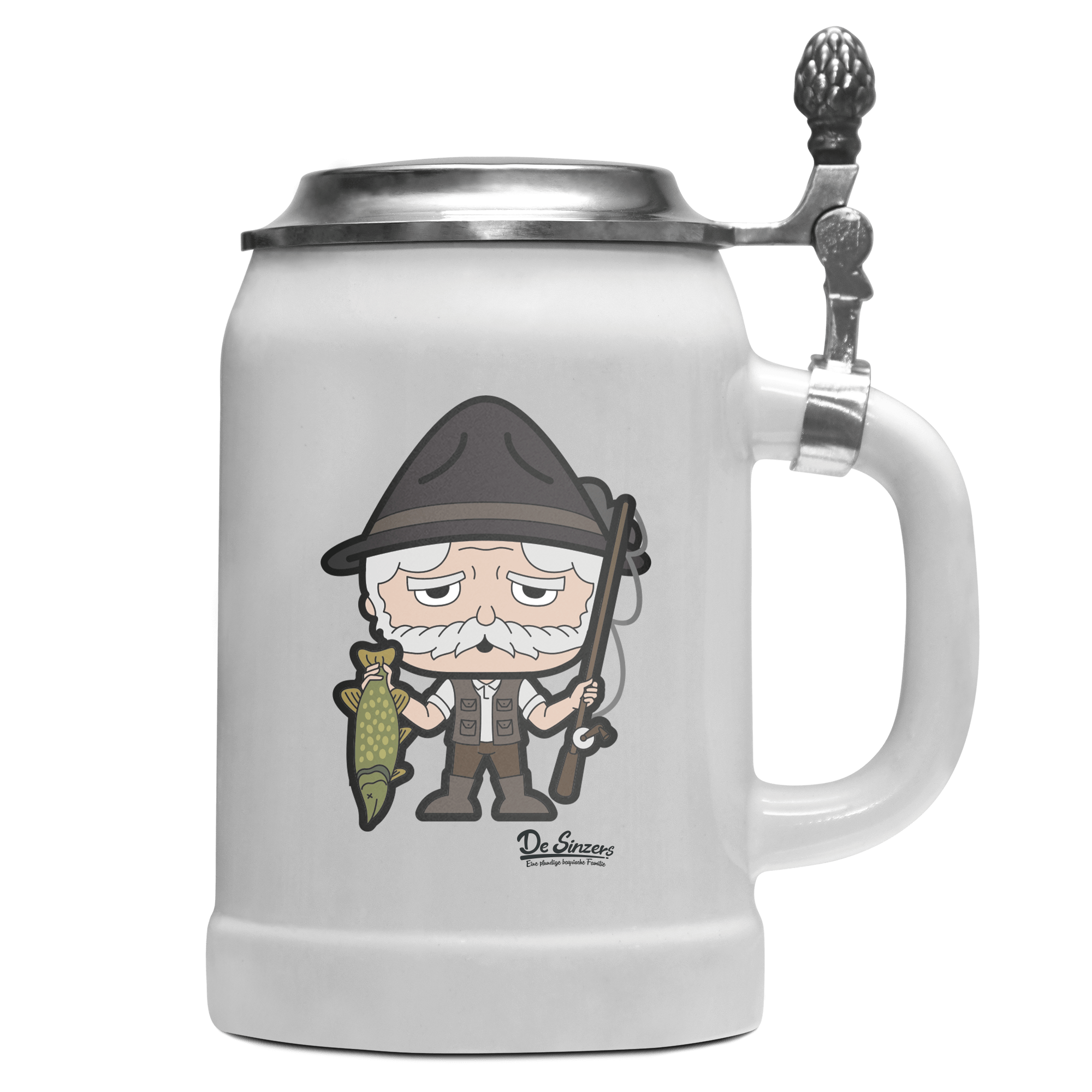 Da Oid Sinzer Angler Bierkrug 500ml Weiss mit Deckel Wetterspitzen Front