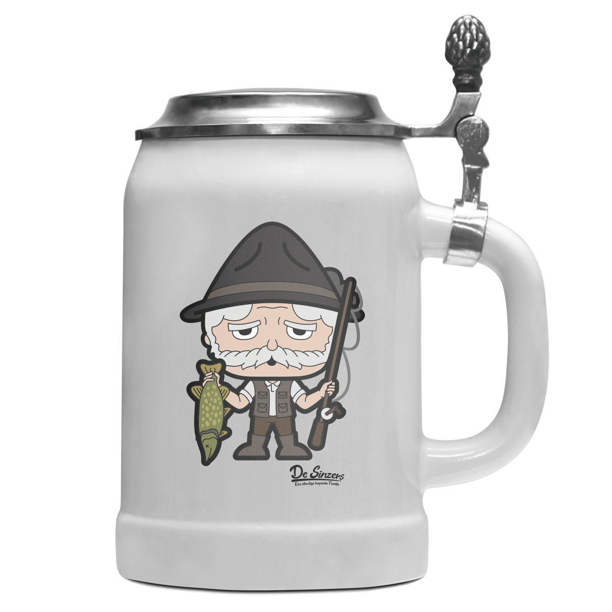Da Oid Sinzer Angler Bierkrug 500ml Weiss mit Deckel Wetterspitzen Front