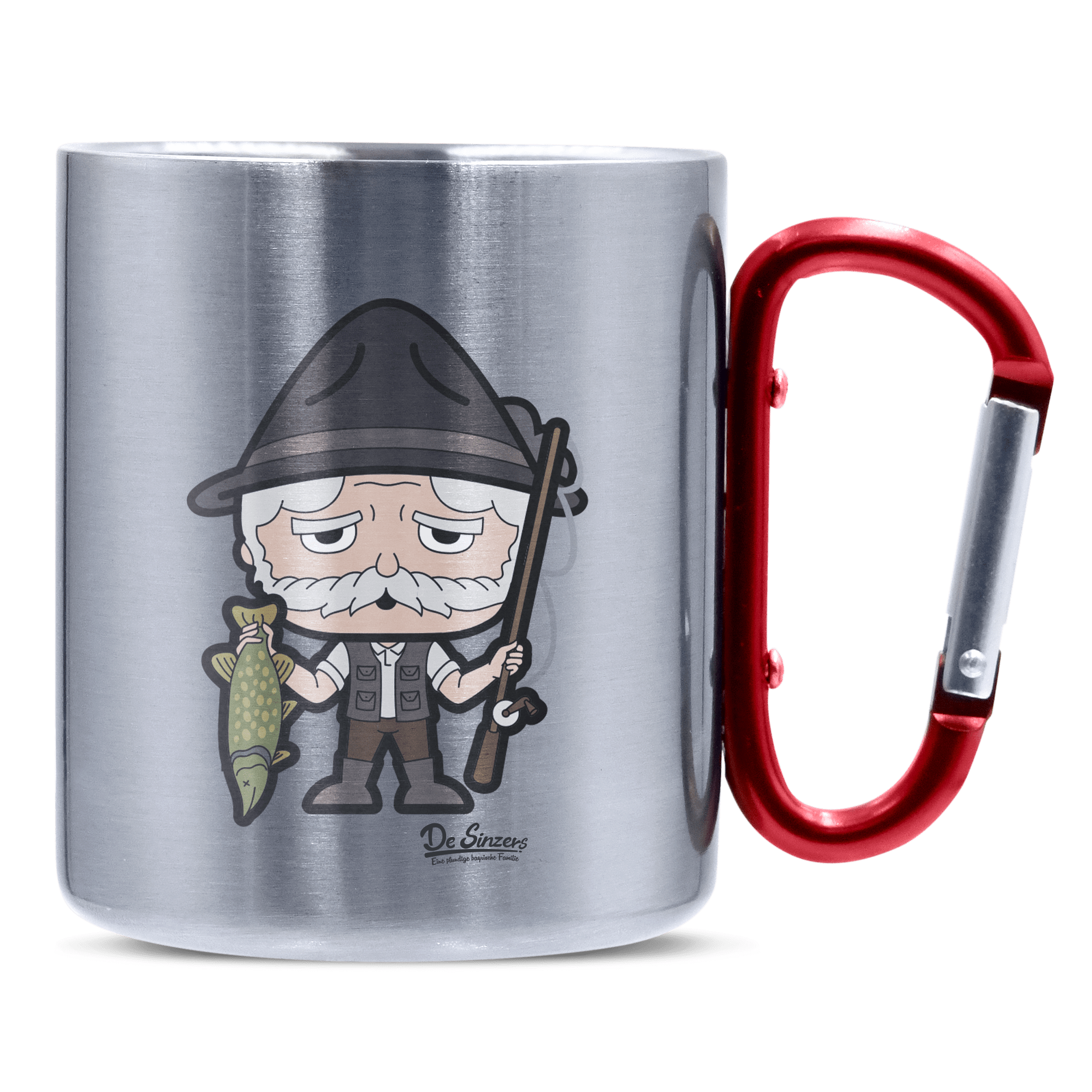 Da Oid Sinzer Angler Edelstahl Kaffeetasse roter Karabiner 320ml Kitzstein Front