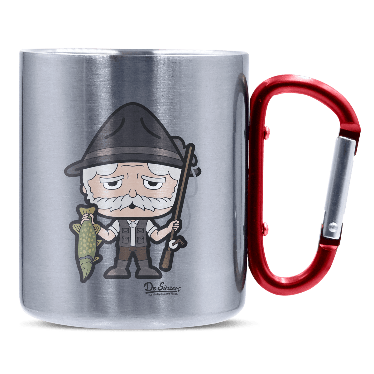 Da Oid Sinzer Angler Edelstahl Kaffeetasse roter Karabiner 320ml Kitzstein Front