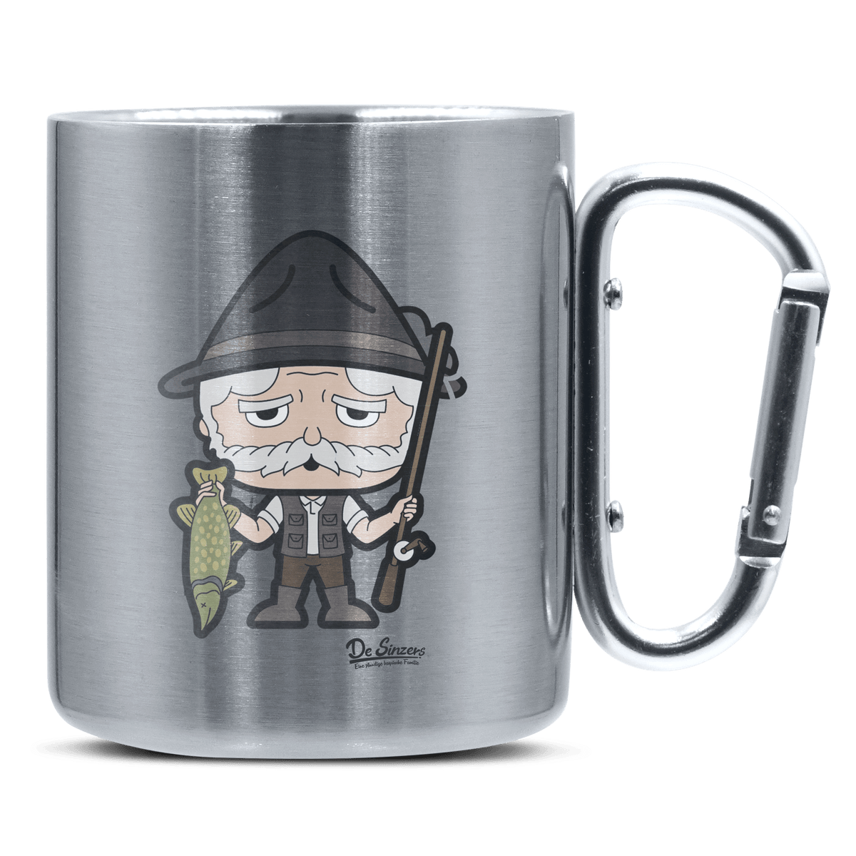 Da Oid Sinzer Angler Edelstahl Kaffeetasse silberer Karabiner 320ml Grosser Traithen Front