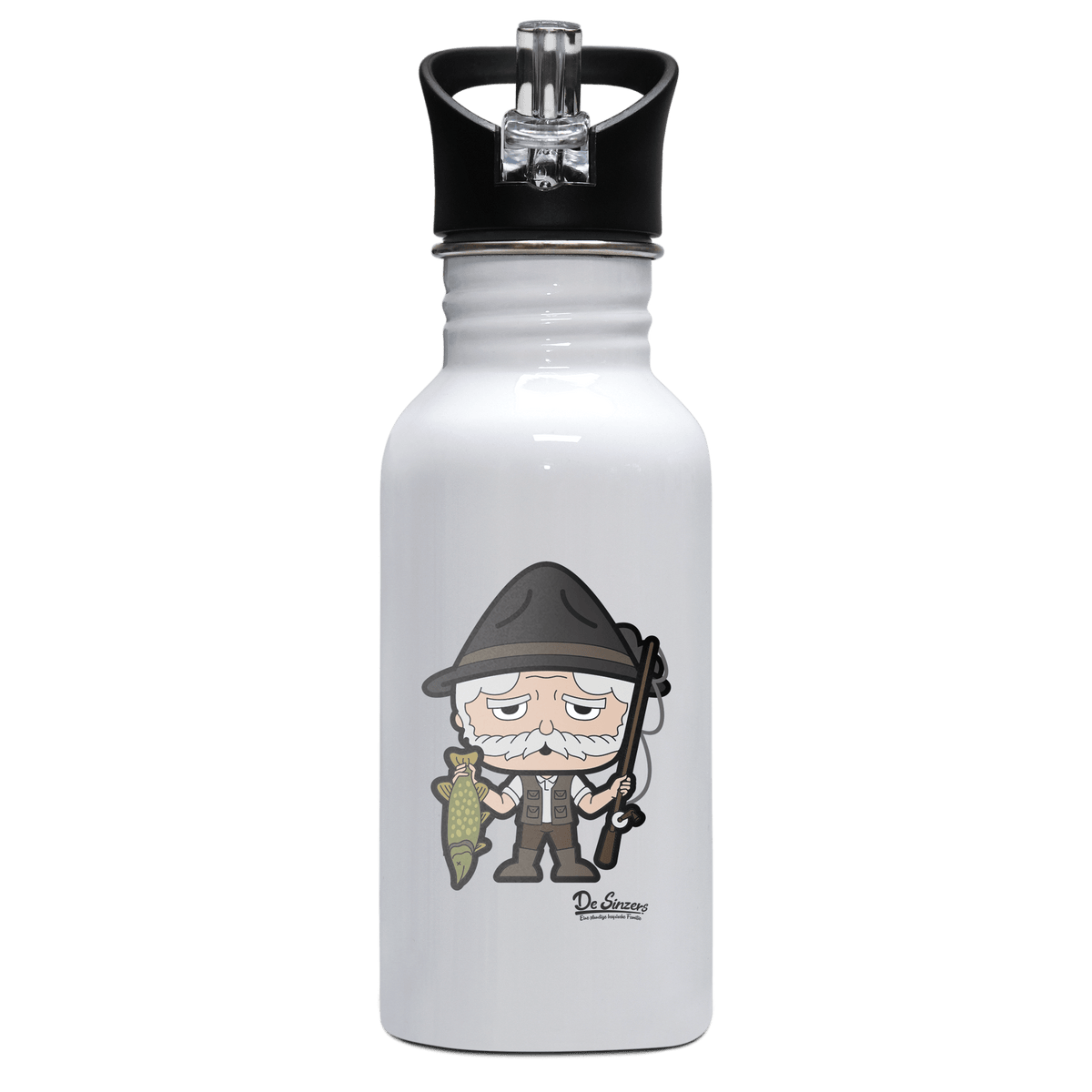 Da Oid Sinzer Angler Edelstahl Trinkflasche mit klappbarem Mundstueck 500ml Weiss Rotwand Front