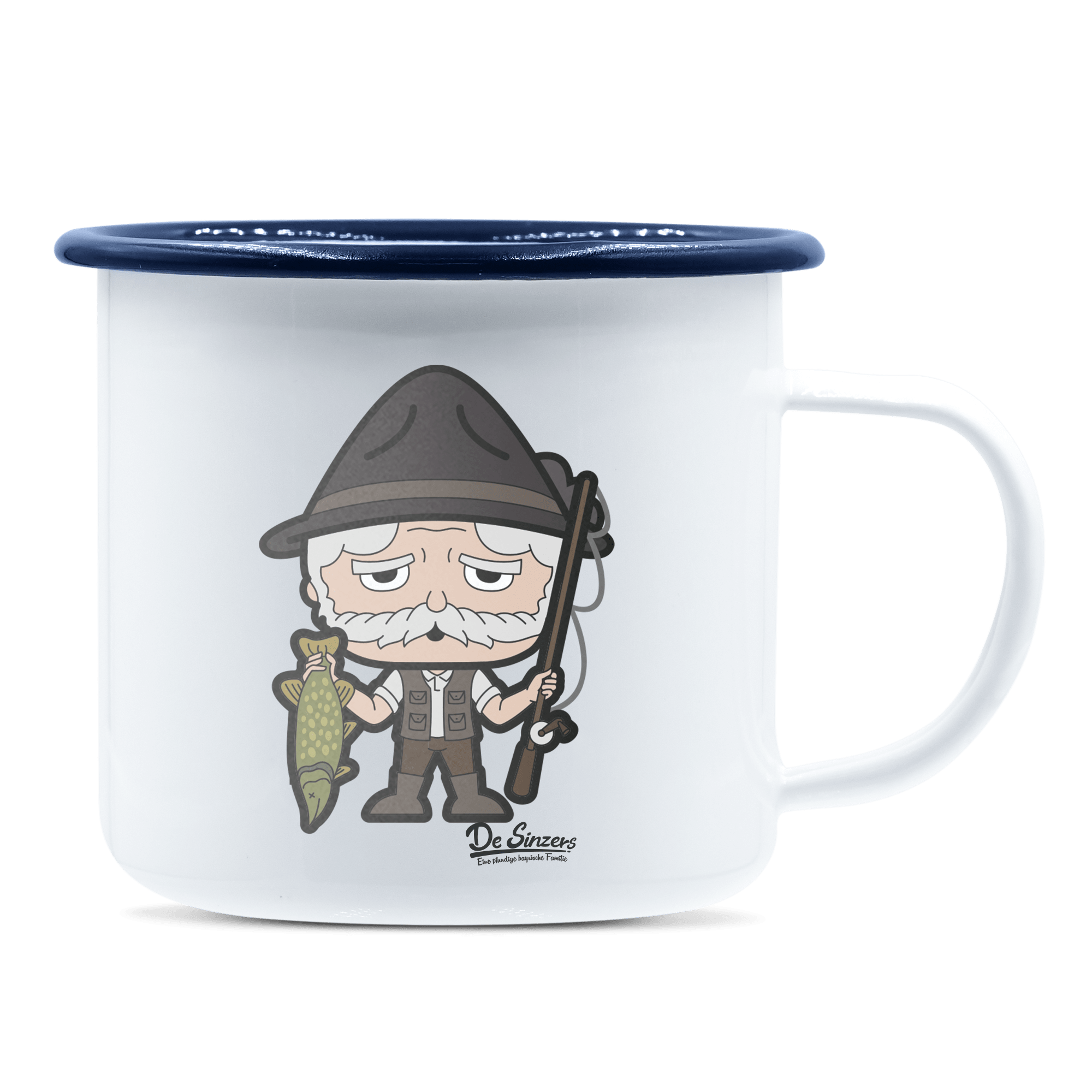 Da Oid Sinzer Angler Emaille Tasse 375ml Weiss Blau Heuberg Front