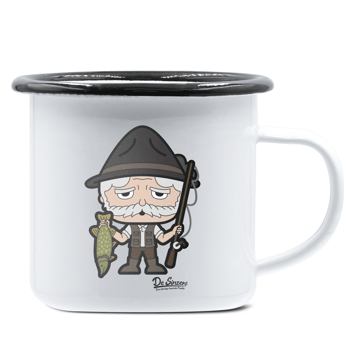 Da Oid Sinzer Angler Emaille Tasse 375ml Weiss Schwarz Hochries Front