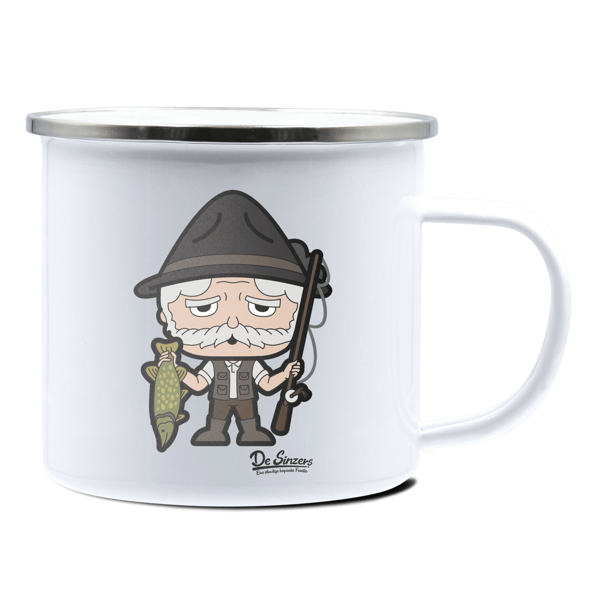 Da Oid Sinzer Angler Emaille Tasse 375ml Weiss Silber Kampenwand Front