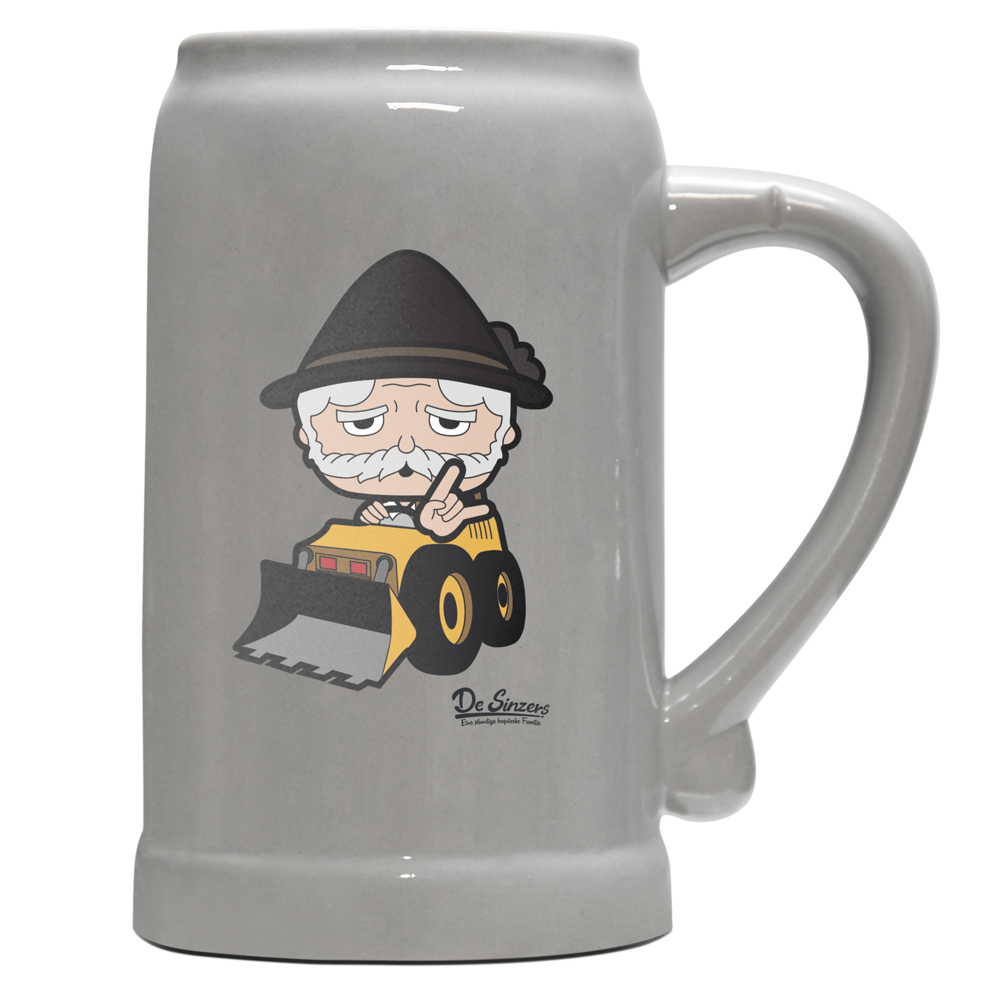 Da Oid Sinzer Baggerfahrer Bierkrug 1000ml Grau Zugspitze Front