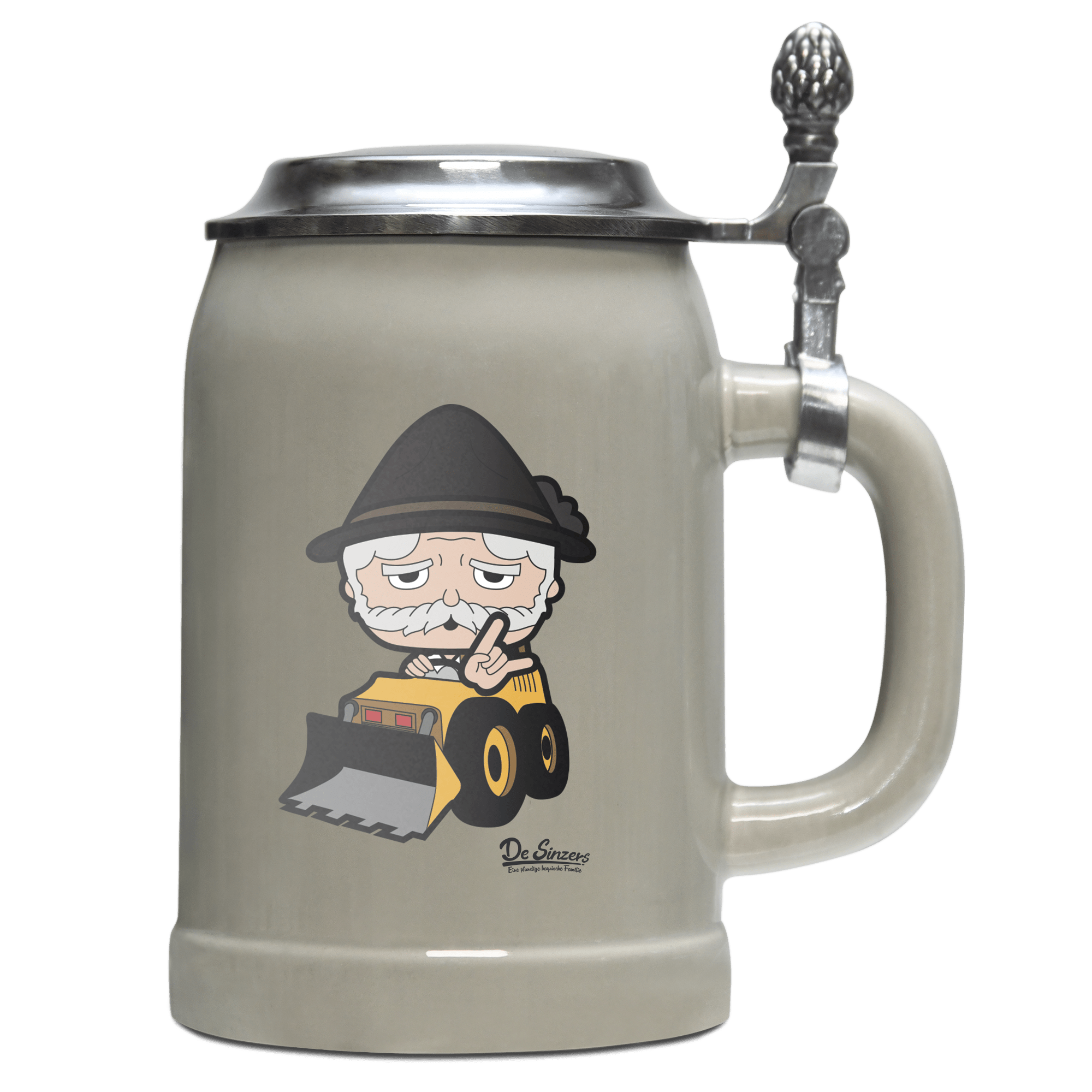 Da Oid Sinzer Baggerfahrer Bierkrug 500ml Grau mit Deckel Hocheck Front