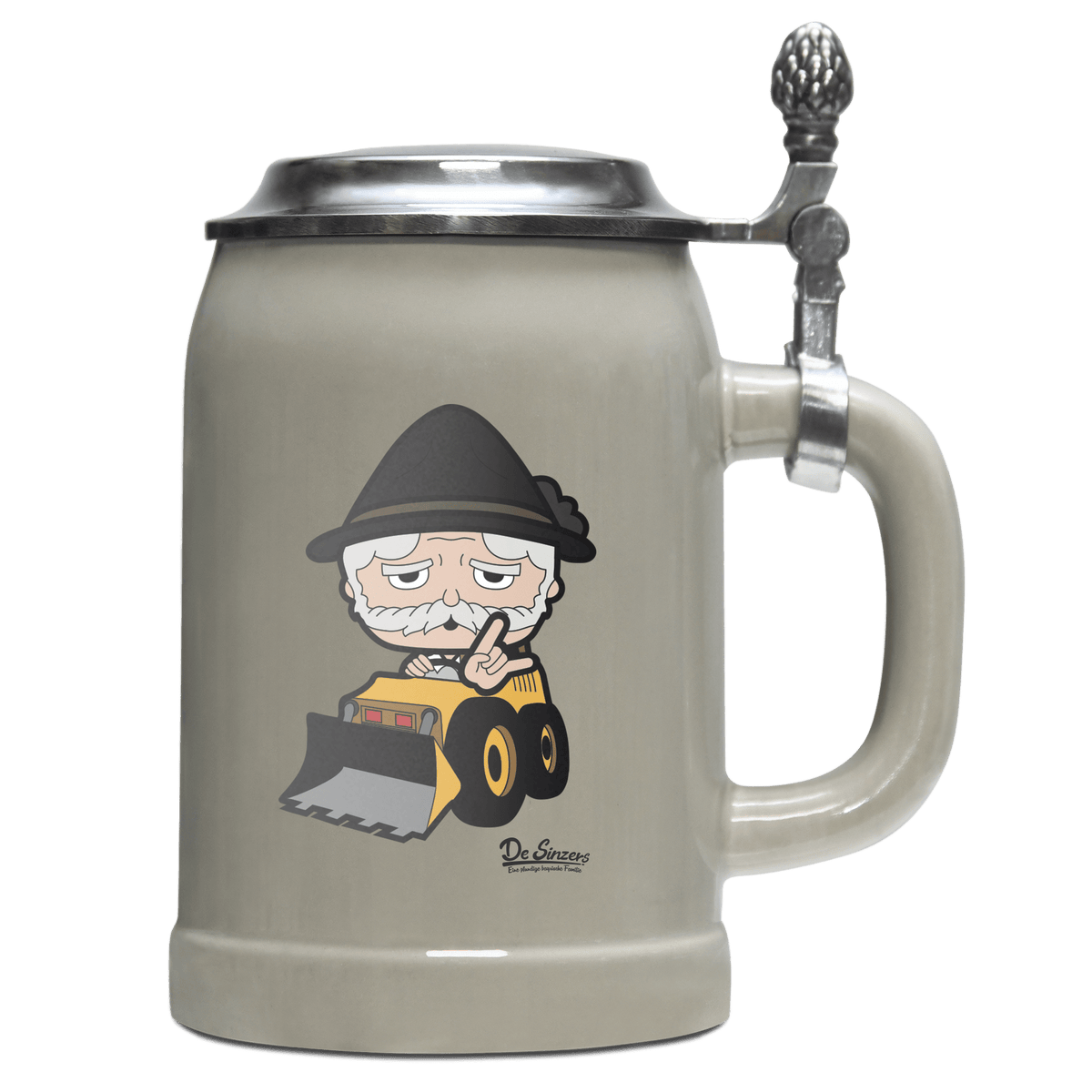 Da Oid Sinzer Baggerfahrer Bierkrug 500ml Grau mit Deckel Hocheck Front