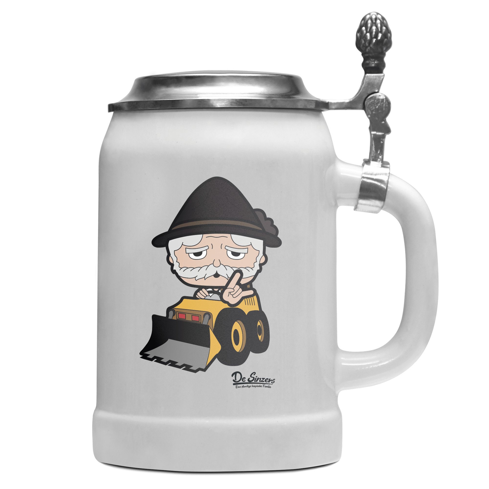 Da Oid Sinzer Baggerfahrer Bierkrug 500ml Weiss mit Deckel Wetterspitzen Front
