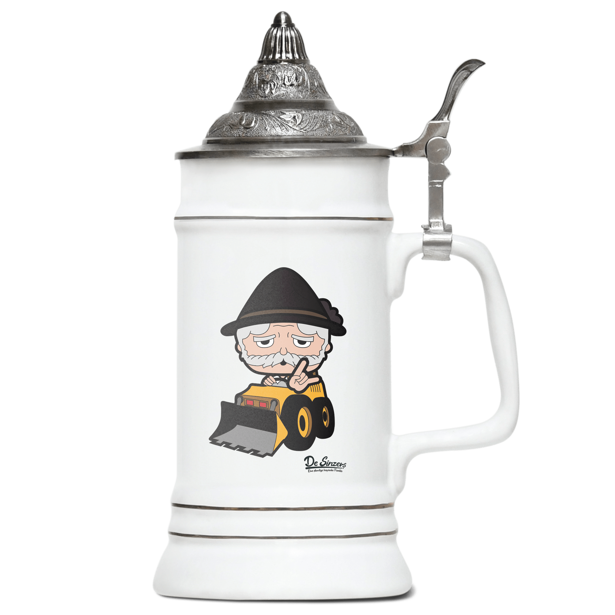 Da Oid Sinzer Baggerfahrer Bierkrug 500ml Weiss mit Spitzdeckel Wendelstein Front
