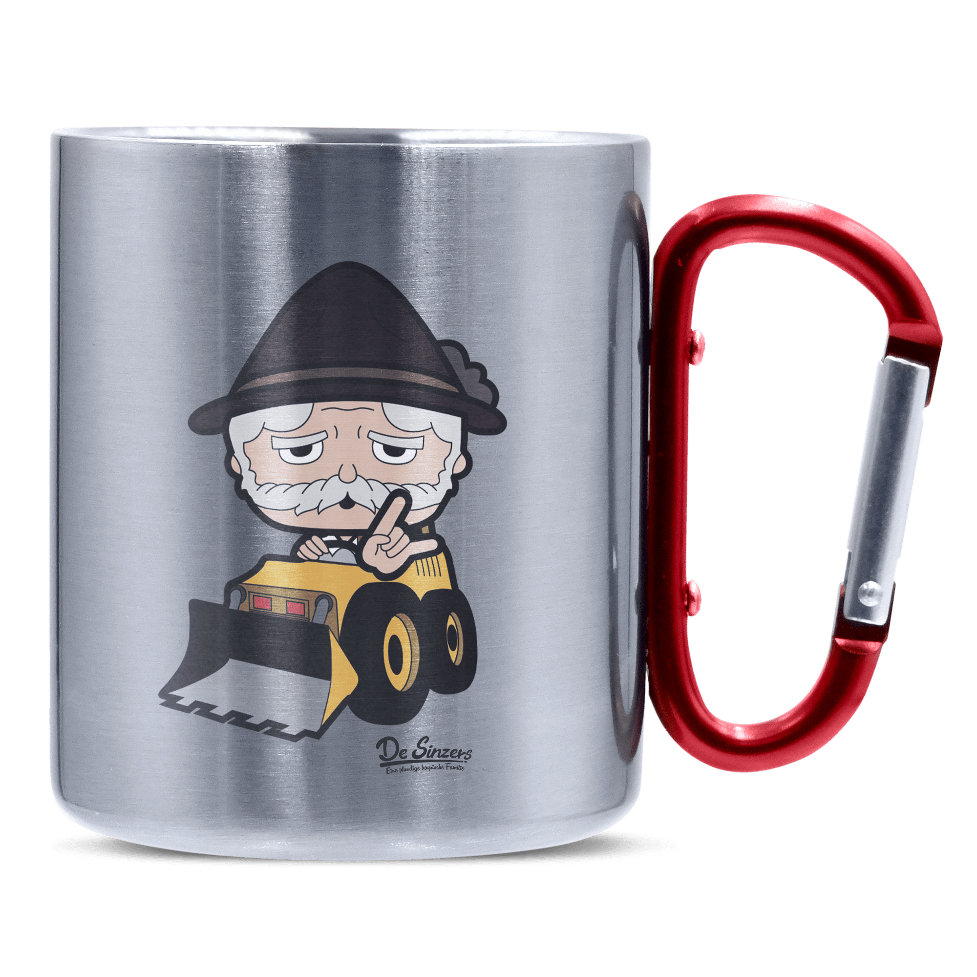 Da Oid Sinzer Baggerfahrer Edelstahl Kaffeetasse roter Karabiner 320ml Kitzstein Front