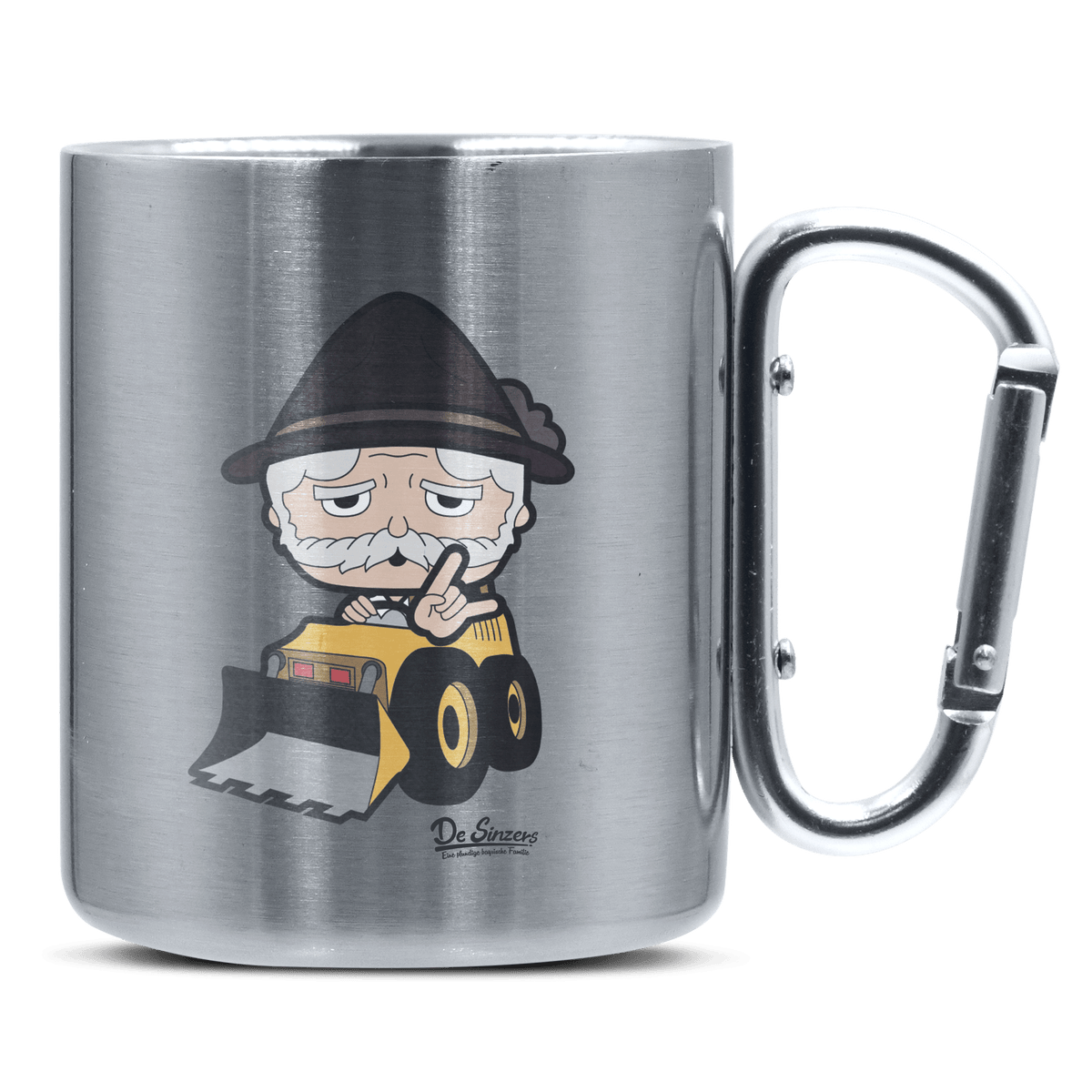 Da Oid Sinzer Baggerfahrer Edelstahl Kaffeetasse silberer Karabiner 320ml Grosser Traithen Front