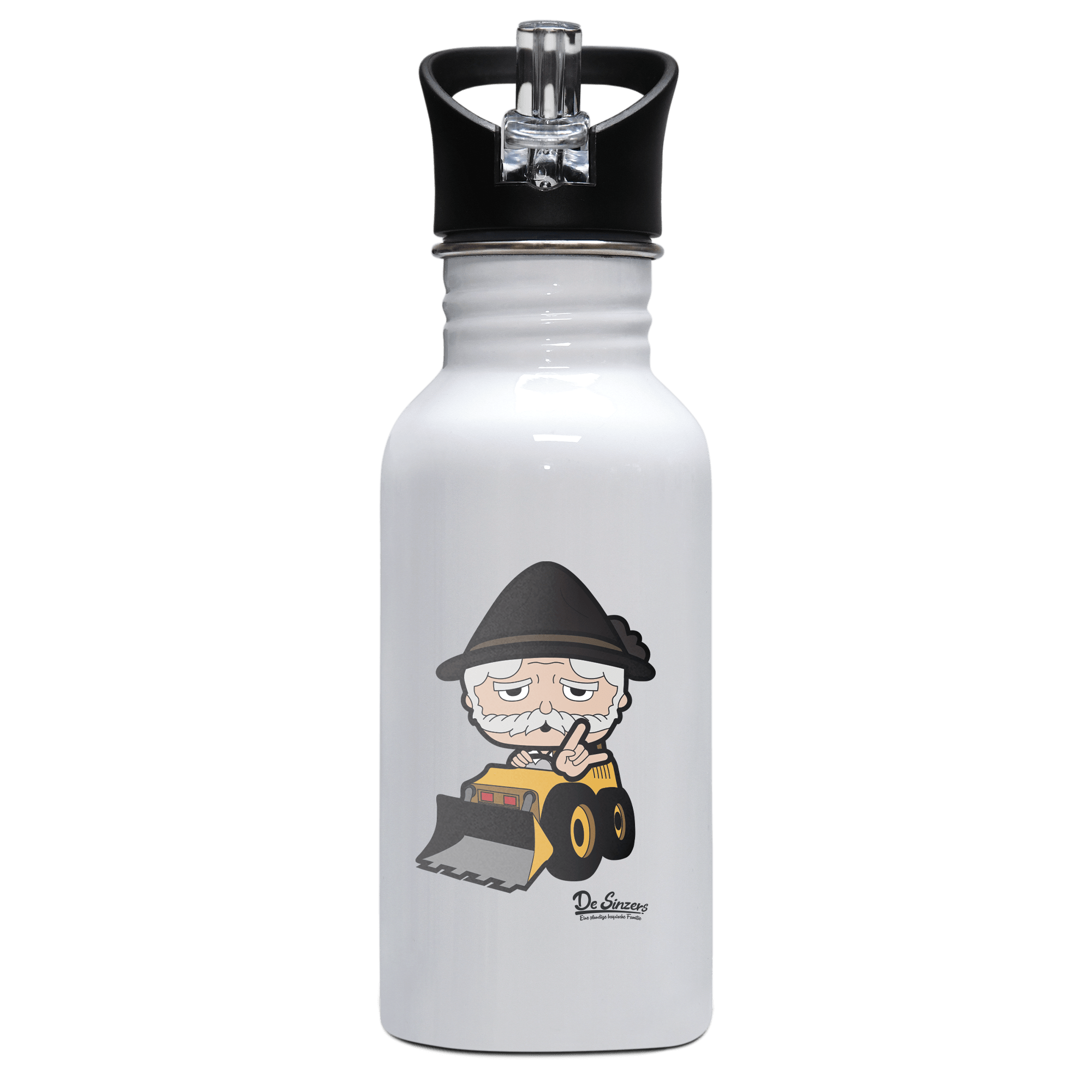 Da Oid Sinzer Baggerfahrer Edelstahl Trinkflasche mit klappbarem Mundstueck 500ml Weiss Rotwand Front