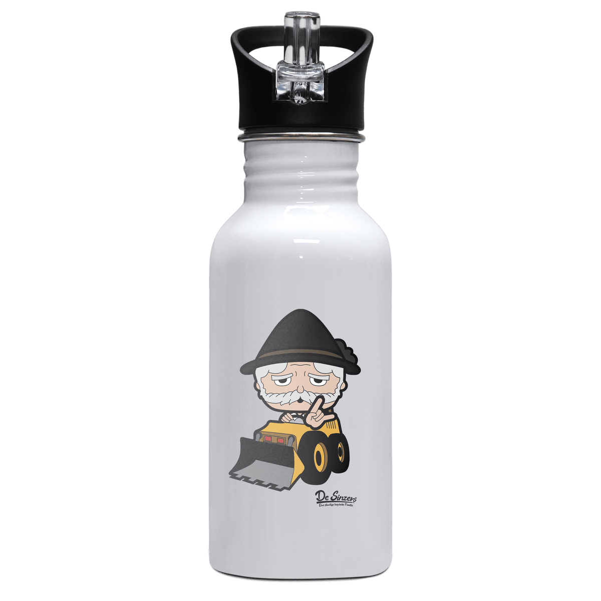 Da Oid Sinzer Baggerfahrer Edelstahl Trinkflasche mit klappbarem Mundstueck 500ml Weiss Rotwand Front