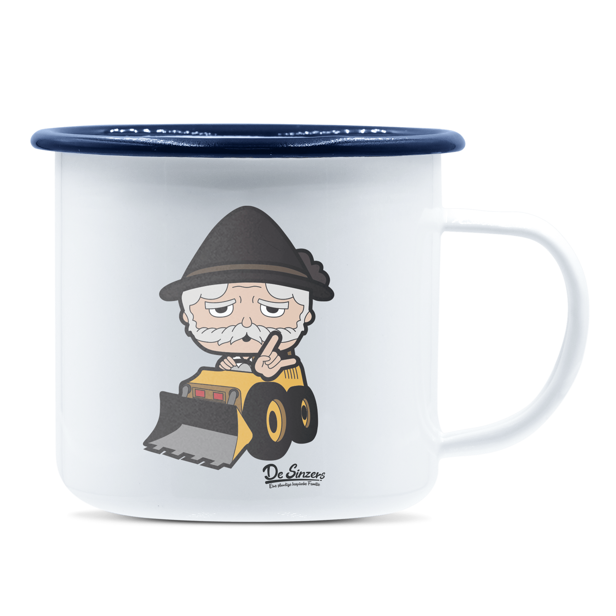 Da Oid Sinzer Baggerfahrer Emaille Tasse 375ml Weiss Blau Heuberg Front