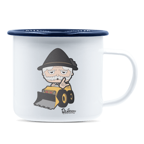 Da Oid Sinzer Baggerfahrer Emaille Tasse 375ml Weiss Blau Heuberg Front